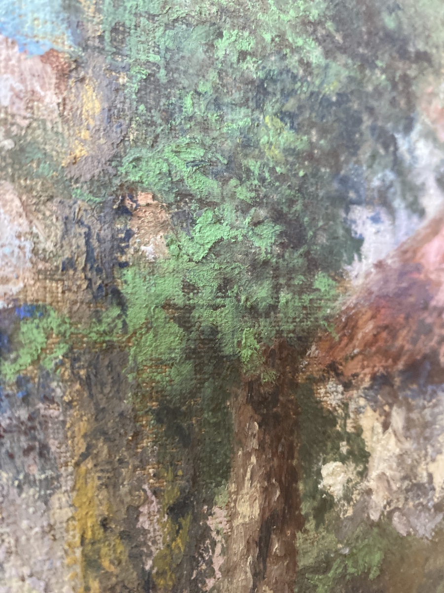 A. L. MECHAIN (XXe) – Maison dans les bois au bord de l’eau – Huile sur toile marouflée-photo-1