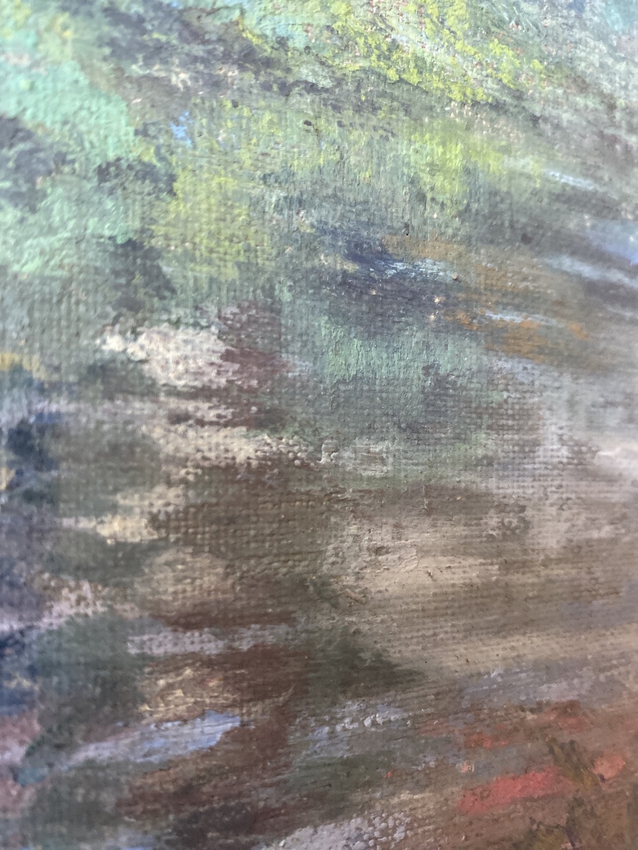 A. L. MECHAIN (XXe) – Maison dans les bois au bord de l’eau – Huile sur toile marouflée-photo-2