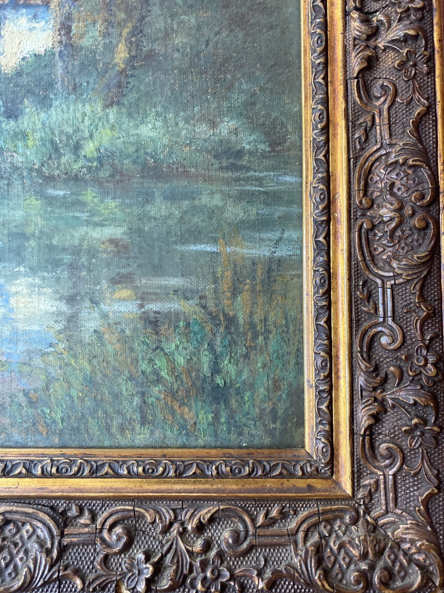 A. L. MECHAIN (XXe) – Maison dans les bois au bord de l’eau – Huile sur toile marouflée-photo-3