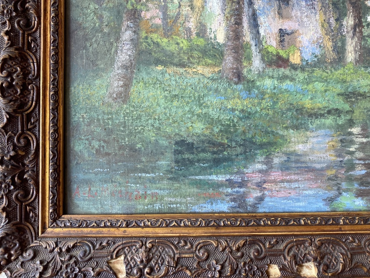 A. L. MECHAIN (XXe) – Maison dans les bois au bord de l’eau – Huile sur toile marouflée-photo-4