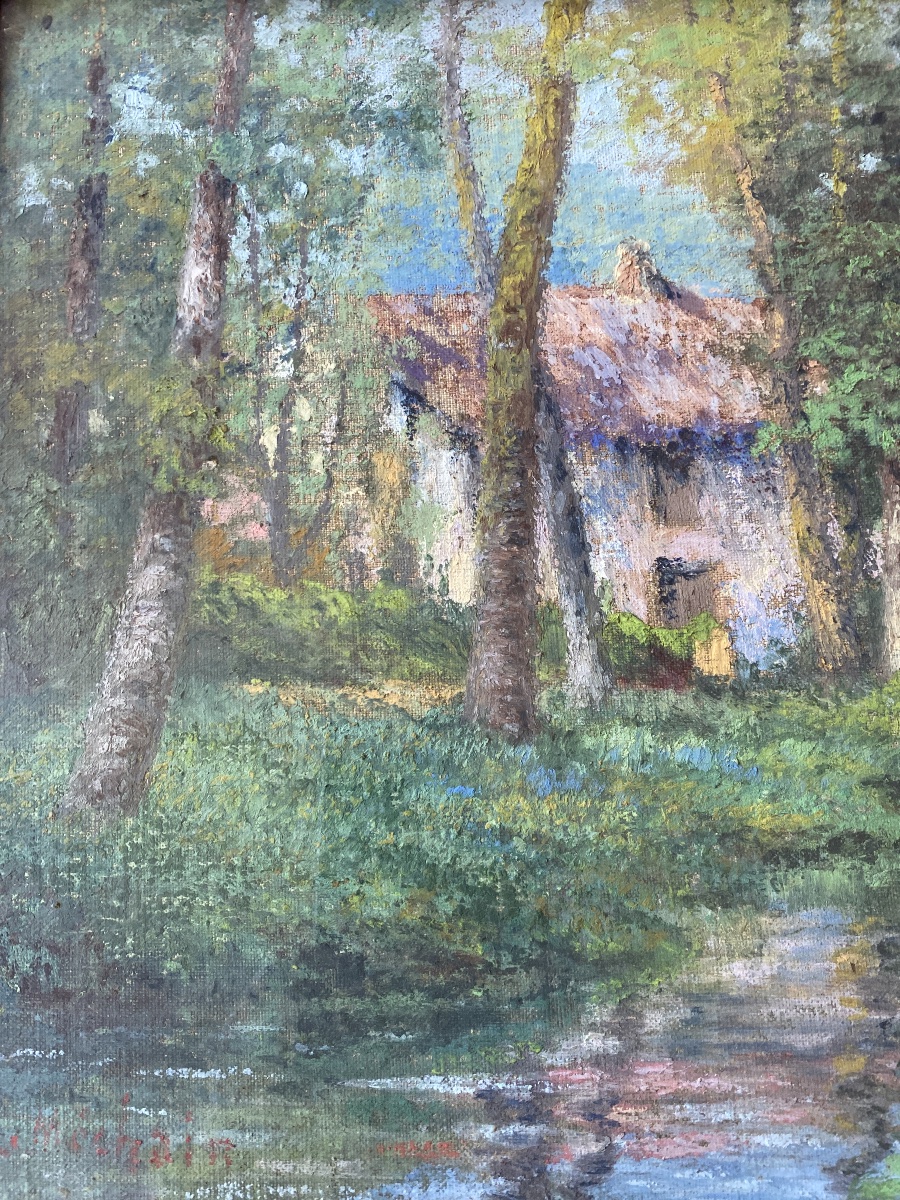 A. L. MECHAIN (XXe) – Maison dans les bois au bord de l’eau – Huile sur toile marouflée-photo-5