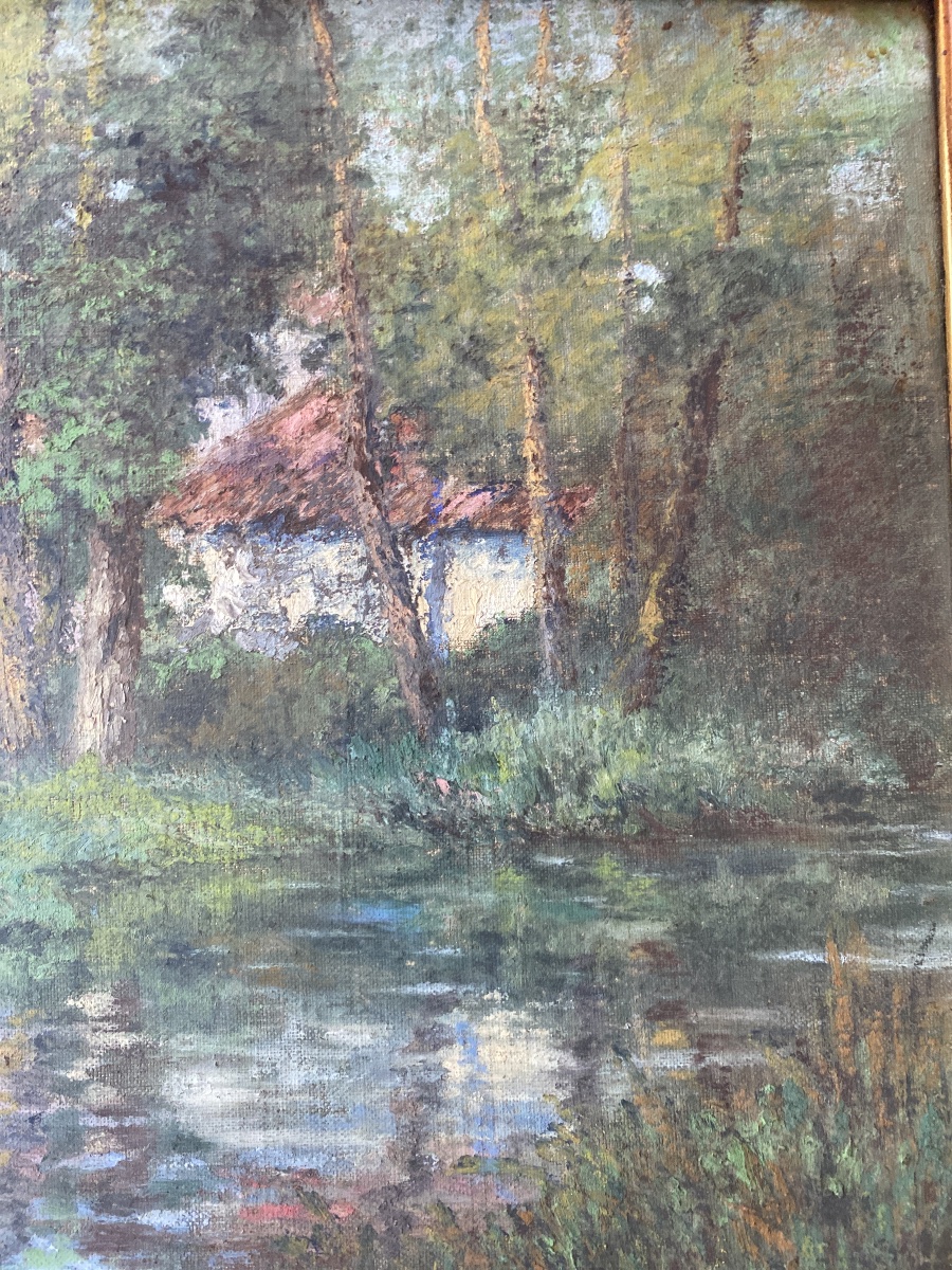 A. L. MECHAIN (XXe) – Maison dans les bois au bord de l’eau – Huile sur toile marouflée-photo-6