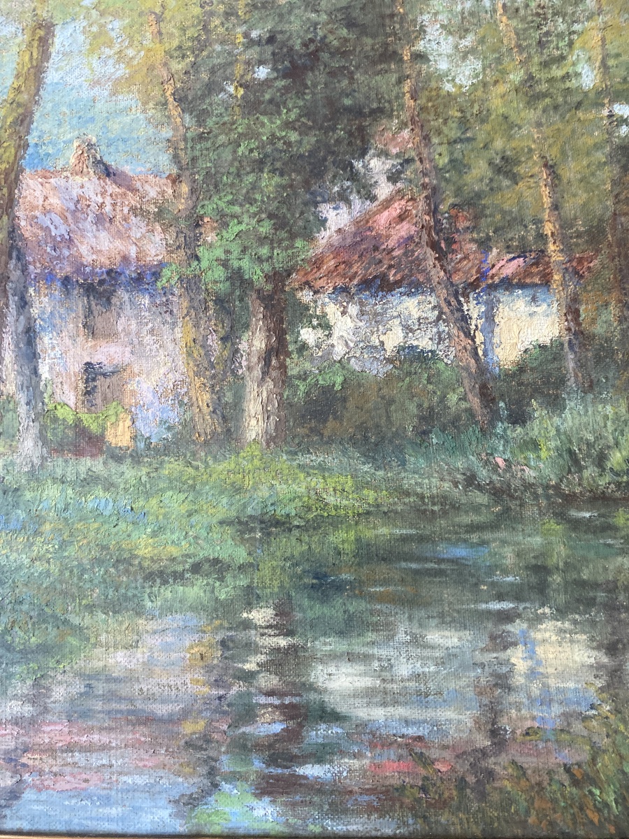 A. L. MECHAIN (XXe) – Maison dans les bois au bord de l’eau – Huile sur toile marouflée-photo-7