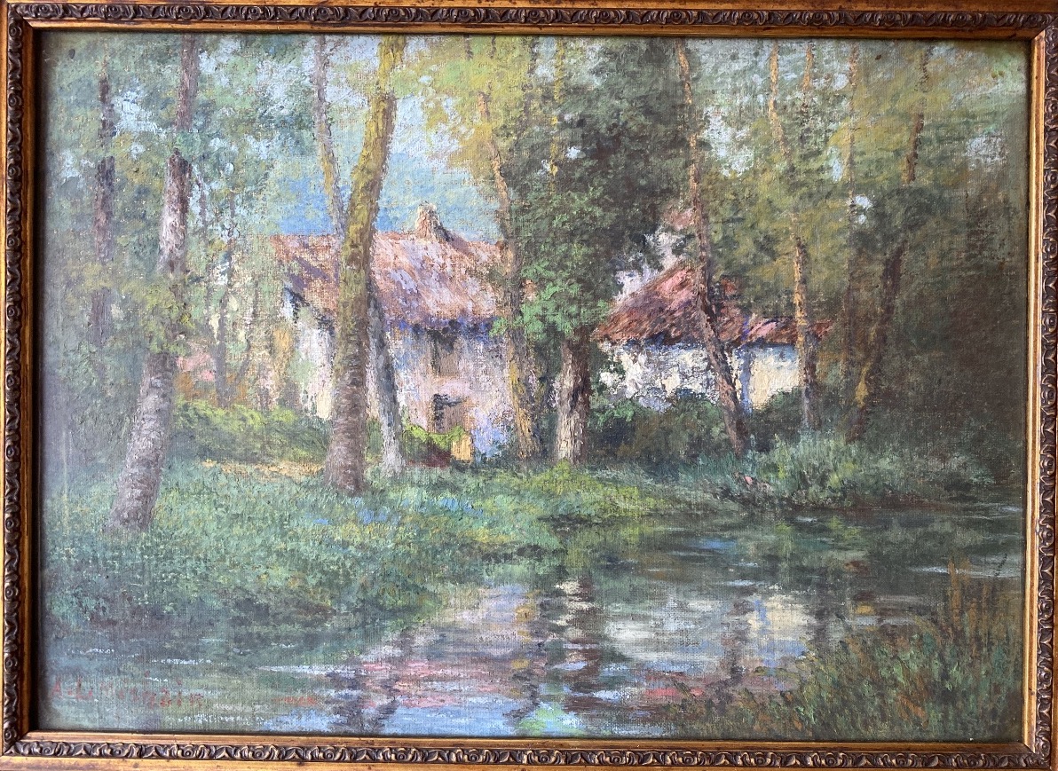 A. L. MECHAIN (XXe) – Maison dans les bois au bord de l’eau – Huile sur toile marouflée