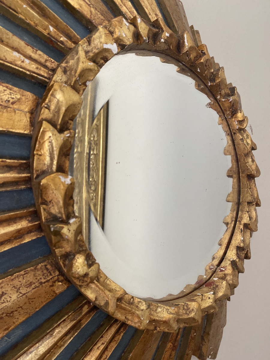 Miroir Soleil Ancien En Bois Sculpté, Doré Et Polychrome – Vers 1930-1950-photo-2