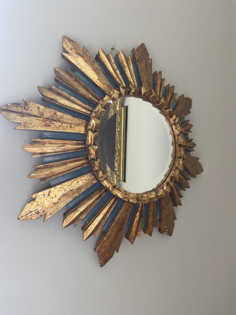 Miroir Soleil Ancien En Bois Sculpté, Doré Et Polychrome – Vers 1930-1950-photo-3