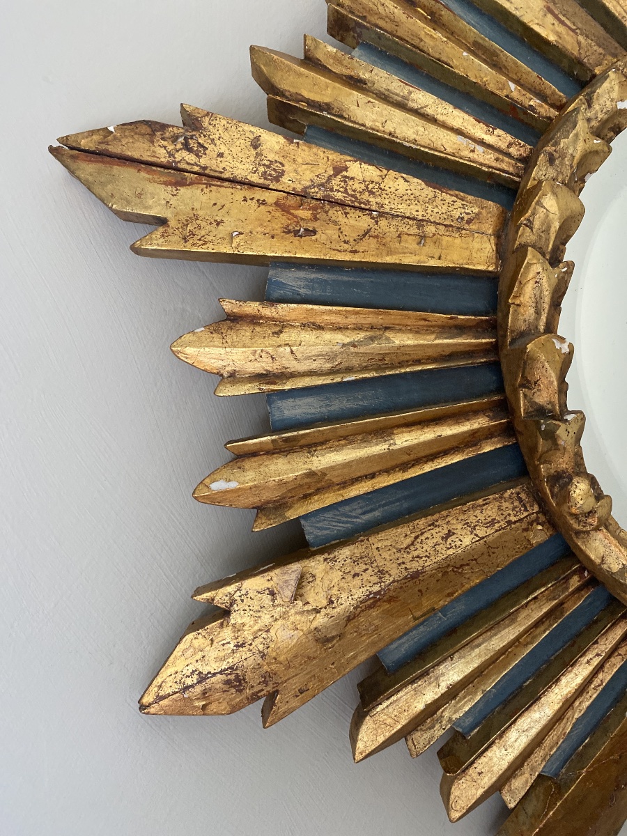 Miroir Soleil Ancien En Bois Sculpté, Doré Et Polychrome – Vers 1930-1950-photo-1