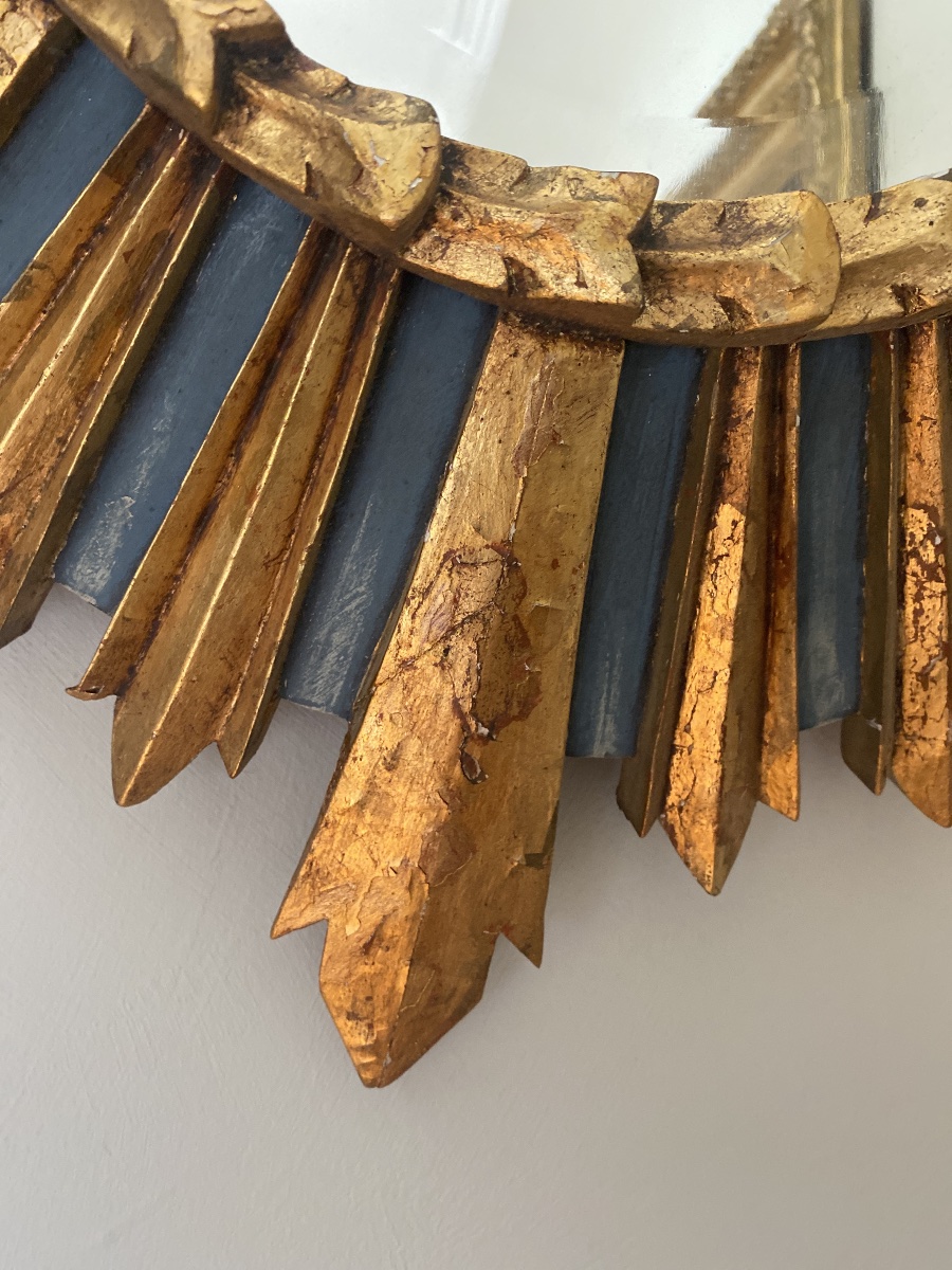 Miroir Soleil Ancien En Bois Sculpté, Doré Et Polychrome – Vers 1930-1950-photo-2