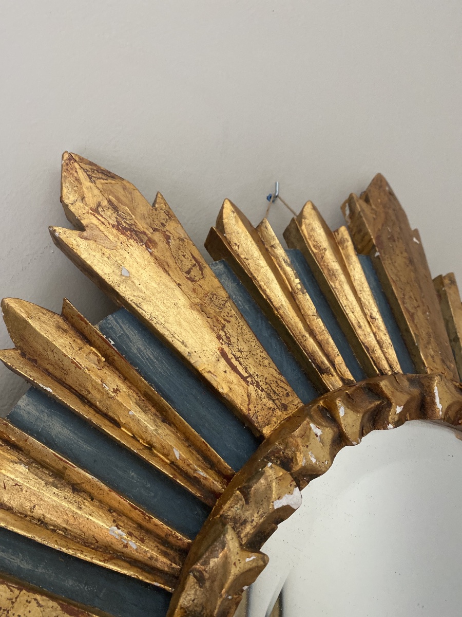 Miroir Soleil Ancien En Bois Sculpté, Doré Et Polychrome – Vers 1930-1950-photo-4
