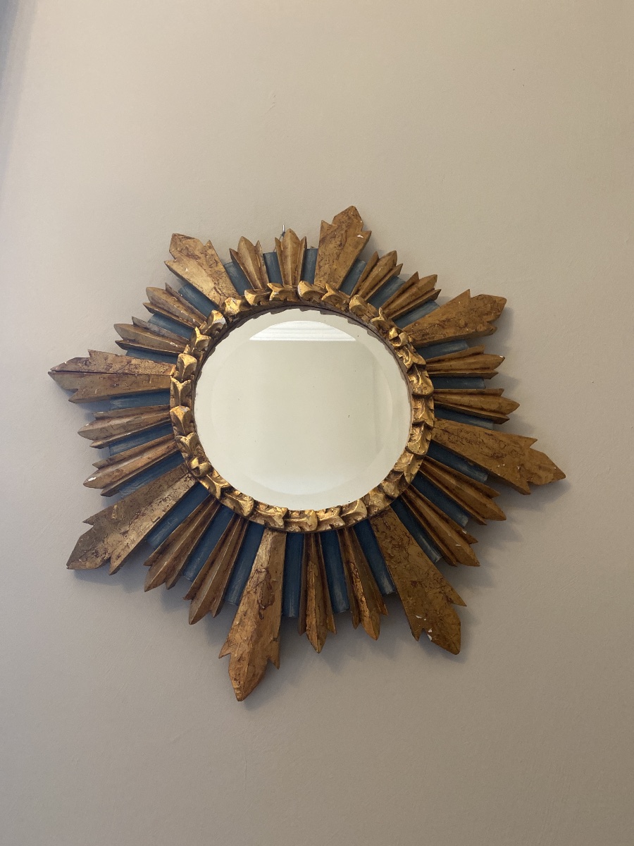 Miroir Soleil Ancien En Bois Sculpté, Doré Et Polychrome – Vers 1930-1950-photo-6