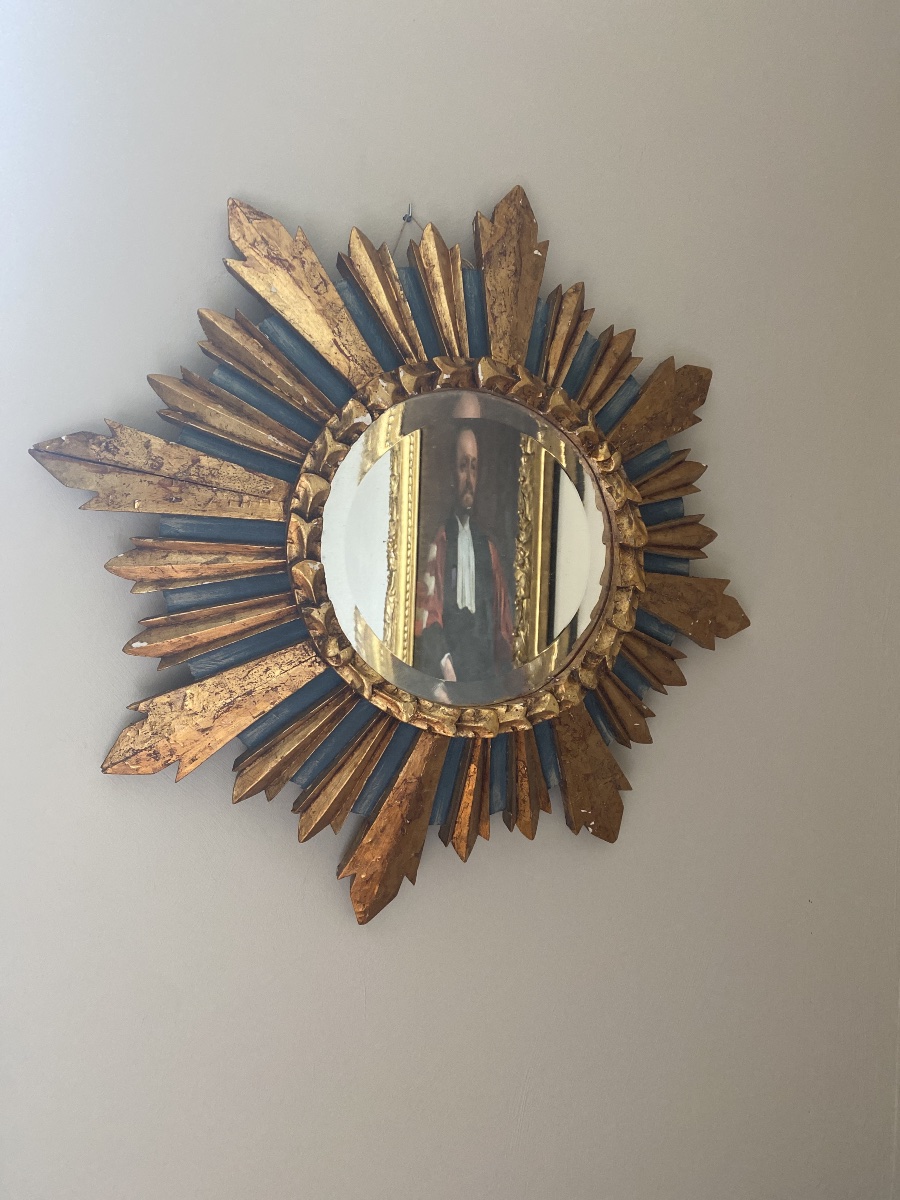 Miroir Soleil Ancien En Bois Sculpté, Doré Et Polychrome – Vers 1930-1950