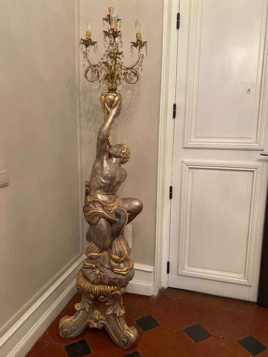 Paire de Porte-Torchères aux Figures et Dauphins – Goût Vénitien – H. 196 cm-photo-2