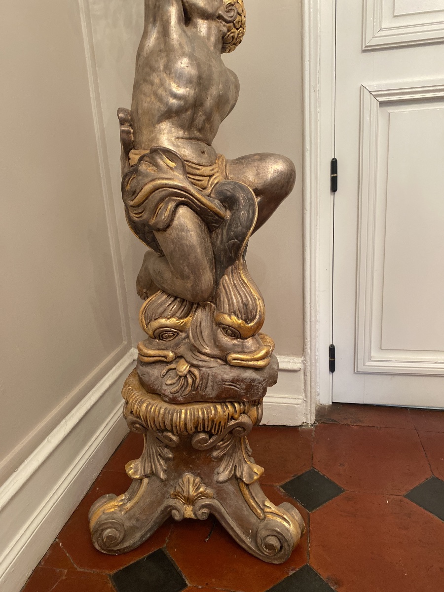 Paire de Porte-Torchères aux Figures et Dauphins – Goût Vénitien – H. 196 cm-photo-3