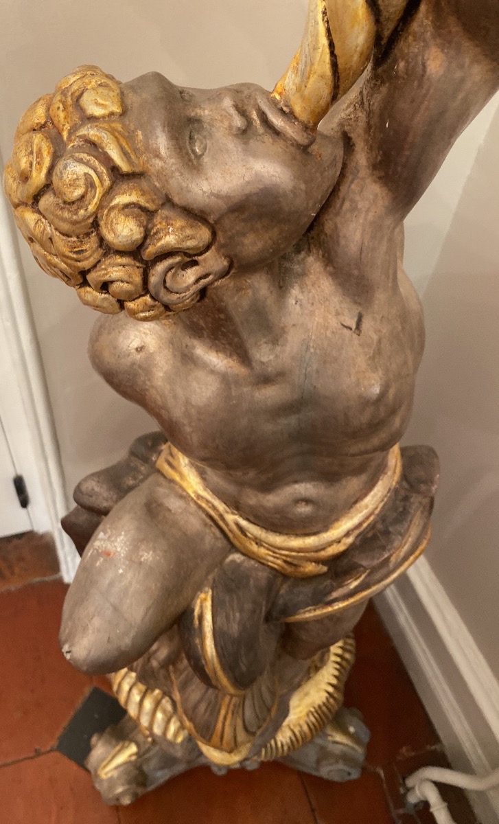 Paire de Porte-Torchères aux Figures et Dauphins – Goût Vénitien – H. 196 cm-photo-6