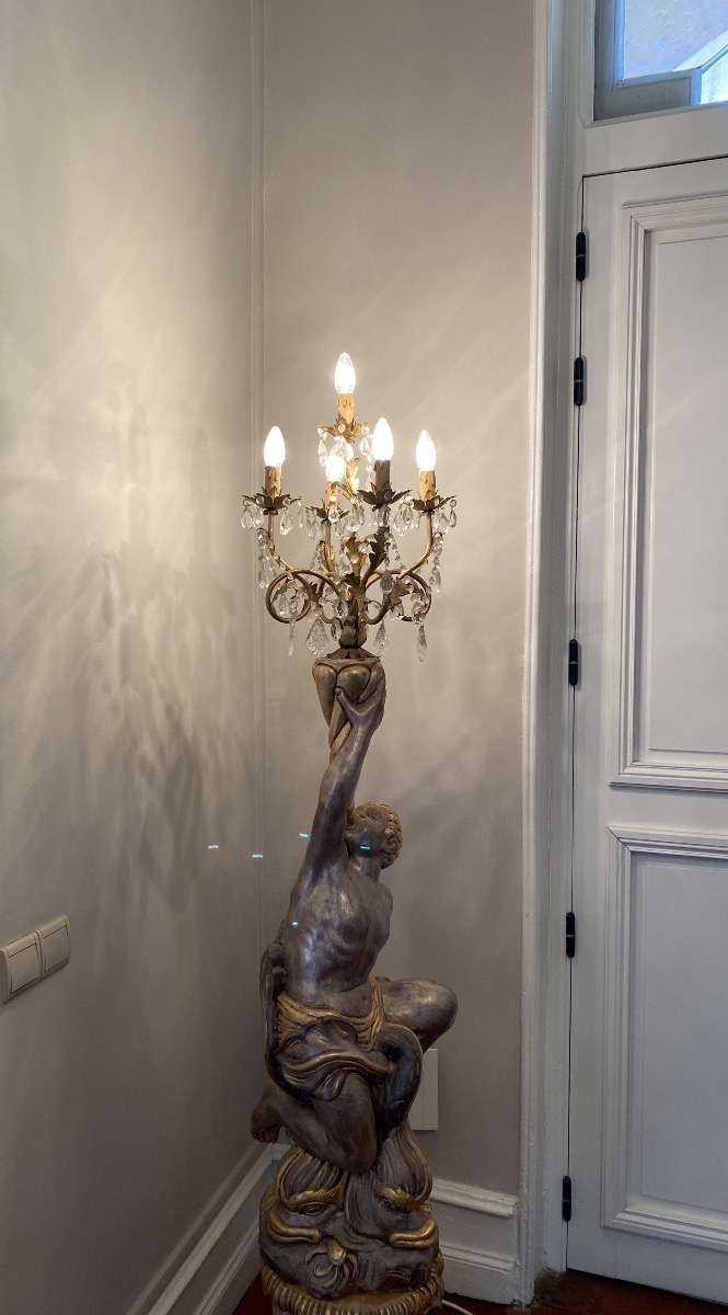 Paire de Torchères aux Figures et Dauphins – Goût Vénitien – H. 196 cm-photo-7