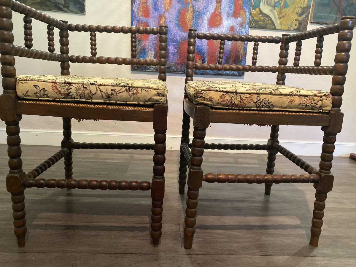 Pair Of Corner Armchairs In Turned Oak, Louis XIII Style, Late 19th Century-photo-2