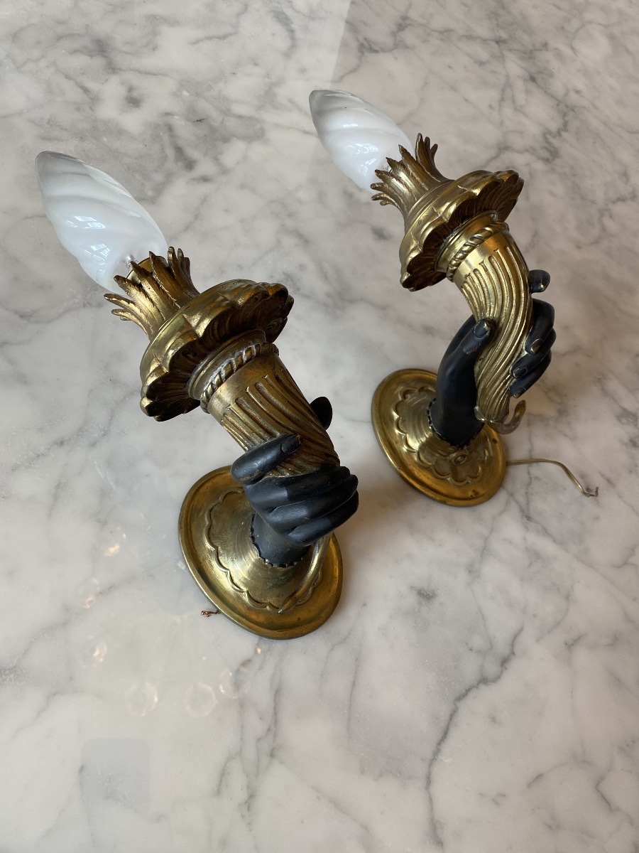 A Rare Pair Of Bronze Candlesticks In The Empire And Return From Egypt Styles—19th Century