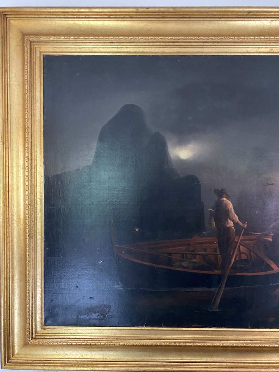 Large Nocturnal Seascape – Fishermen By Lantern Light – 19th Century-photo-2