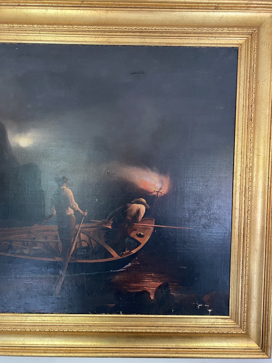 Large Nocturnal Seascape – Fishermen By Lantern Light – 19th Century-photo-3