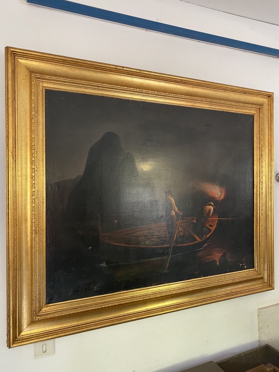Large Nocturnal Seascape – Fishermen By Lantern Light – 19th Century-photo-4