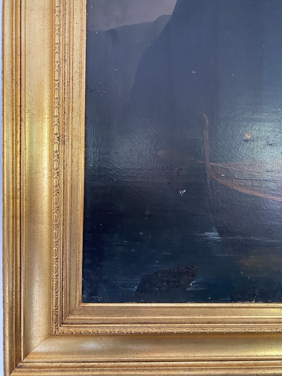Large Nocturnal Seascape – Fishermen By Lantern Light – 19th Century-photo-1