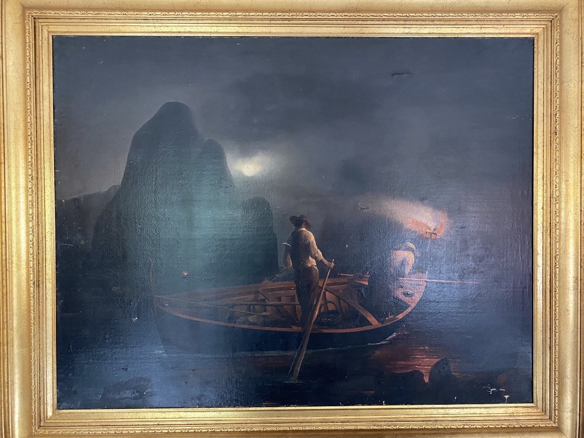 Large Nocturnal Seascape – Fishermen By Lantern Light – 19th Century