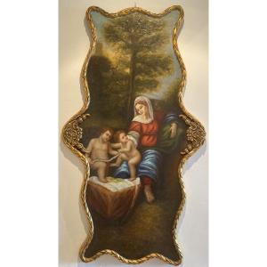 ÉCOLE ITALIENNE Fin XIXe ,XXème Siècle .huile Sur Bois «vierge à L’enfant Et St Jean Baptiste