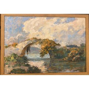 Raoul Serres (1881-1971) - "the Bridge" Oil On Canvas Mounted On Cardboard