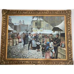 Scène de marché hivernal animée – Signée Miroff, datée 1956