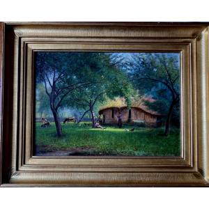 Charming Rural Scene Signed l'Abbé Donis – Oil On Canvas, 19th Century
