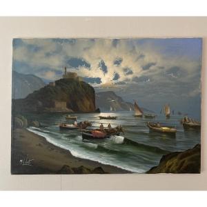 Mario GALANTI (Naples 1923 – 1998) Marina ligure – Tellaro, la chiesa di San Giorgio .