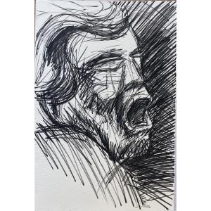 Jacques Brel « La tête au cri »Grand portrait gestuel signé 