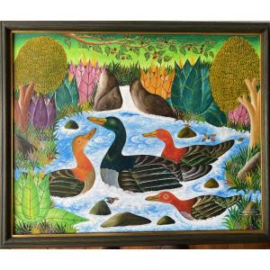 Adam Leontus (1923-1986) – Scène tropicale aux canards Huile sur bois.
