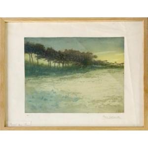 Pierre Labrouche (1876-1956) « Gravé des Pins » Gravure originale en couleurs sur papier vélin