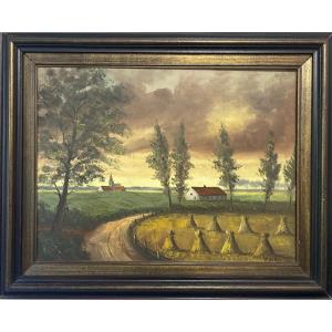 R. Dubuc – Paysage rural au crépuscule  Huile sur toile.102 x 82 cm
