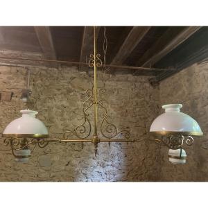 Antique Billiard Chandelier In Brass And Opaline Glass – Late 19th Century