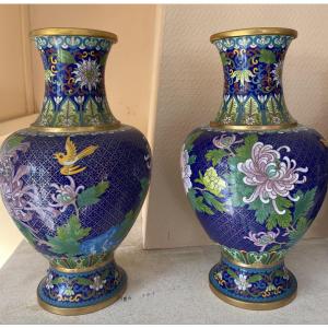 Pair Of Chinese Cloisonné  Vases – Peony Decoration – 20th Century – 32 Cm