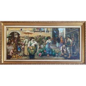 Carlo Roberto La Volpe – Grande scène de marché napolitain animée – Huile sur toile – XXe 