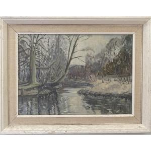 Winter Landscape Near Salisbury - Oil On Isorel Signed G.j. Carruthers, Dated 1964