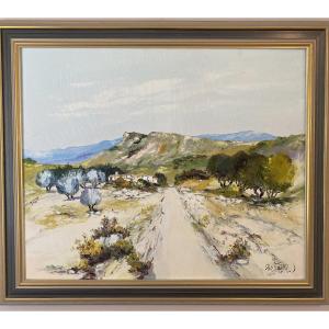 Ray Poirier (né en 1938) – Le Chemin – Paysage provençal aux oliviers – Huile sur toile au cout