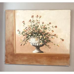 Large Oil On Canvas With Fresco Effect, Flower Vase Signed - Italy, Circa 1950