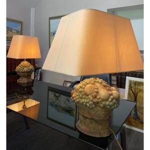 Paire De Lampes Françaises En Terre Cuite Estampée à La Main – CLERTAN France – Vers 1950