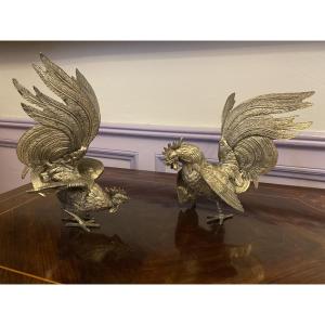 Le Combat des Coqs – Paire de sculptures en bronze argenté