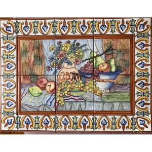 Large Panel Of Glazed Ceramic Tiles Signed By Doller