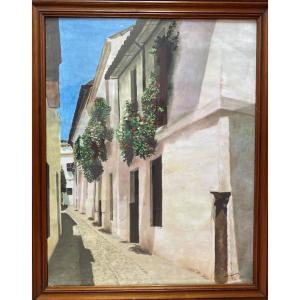 M.h. Vinciguerra (attributed) – Large Watercolor Enhanced With Gouache, A Sunlit Street In Andalusia