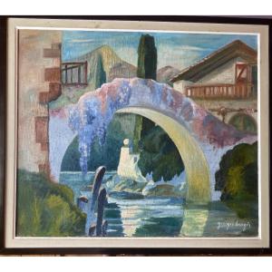 Georges Bergès (1870–1934) – The Ascain Bridge, Oil On Mounted Canvas