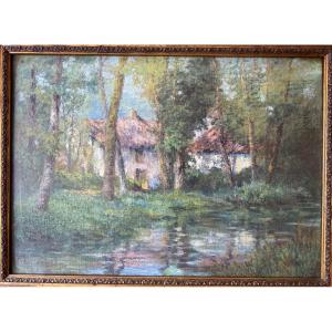 A. L. Mechain (20th Century) – House In The Woods By The Water – Oil On Canvas, Mounted
