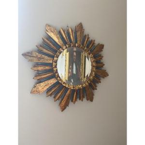 Antique Sun Mirror In Carved, Gilded, And Polychrome Wood – Circa 1930–1950