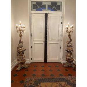 Pair Of Floor Lamp Holders With Figures And Dolphins – Venetian Style – H. 196 Cm