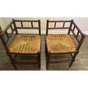 Pair Of Corner Armchairs In Turned Oak, Louis XIII Style, Late 19th Century